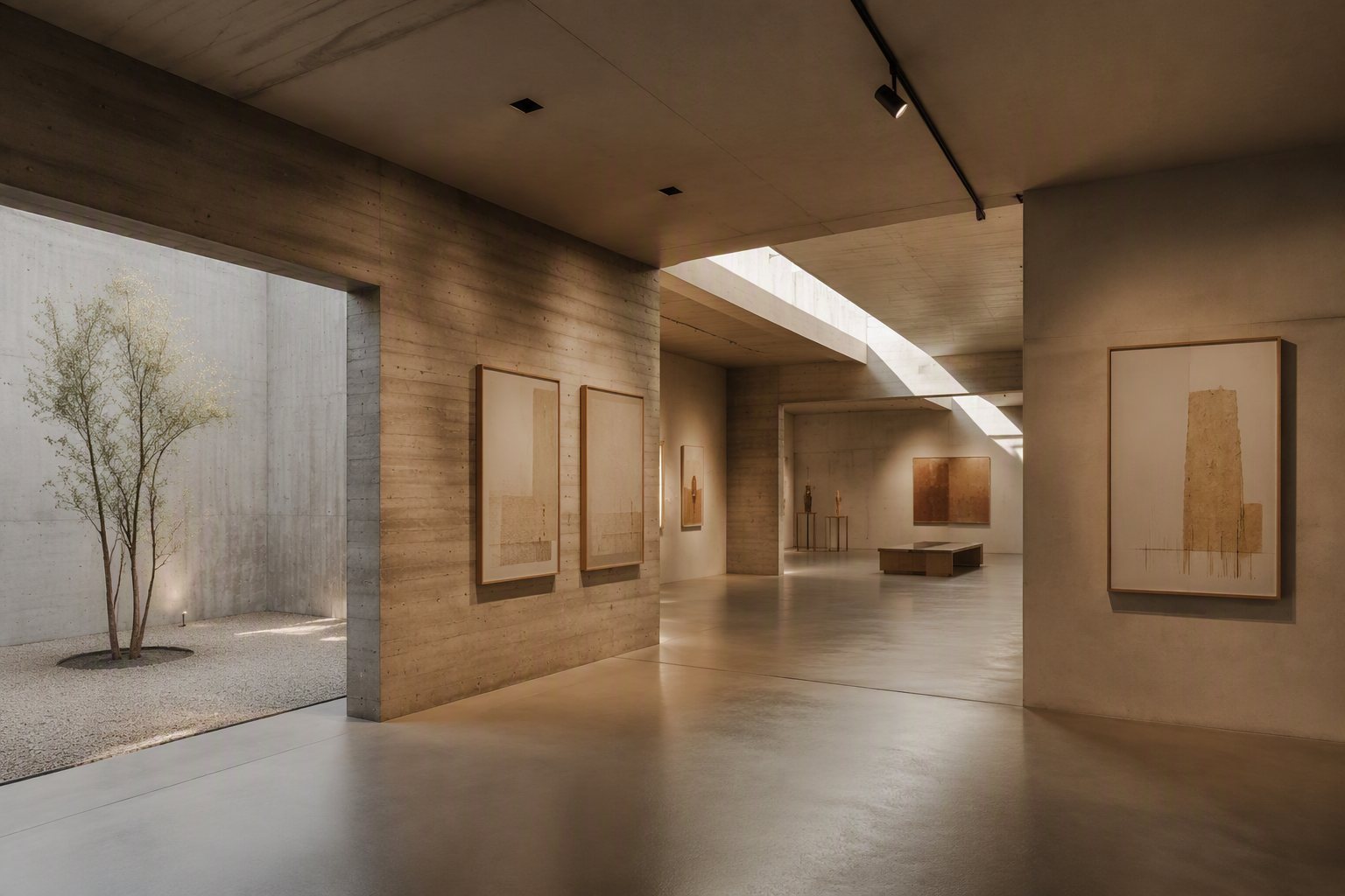 Galería entre Patios — sala de hormigón con luz cenital