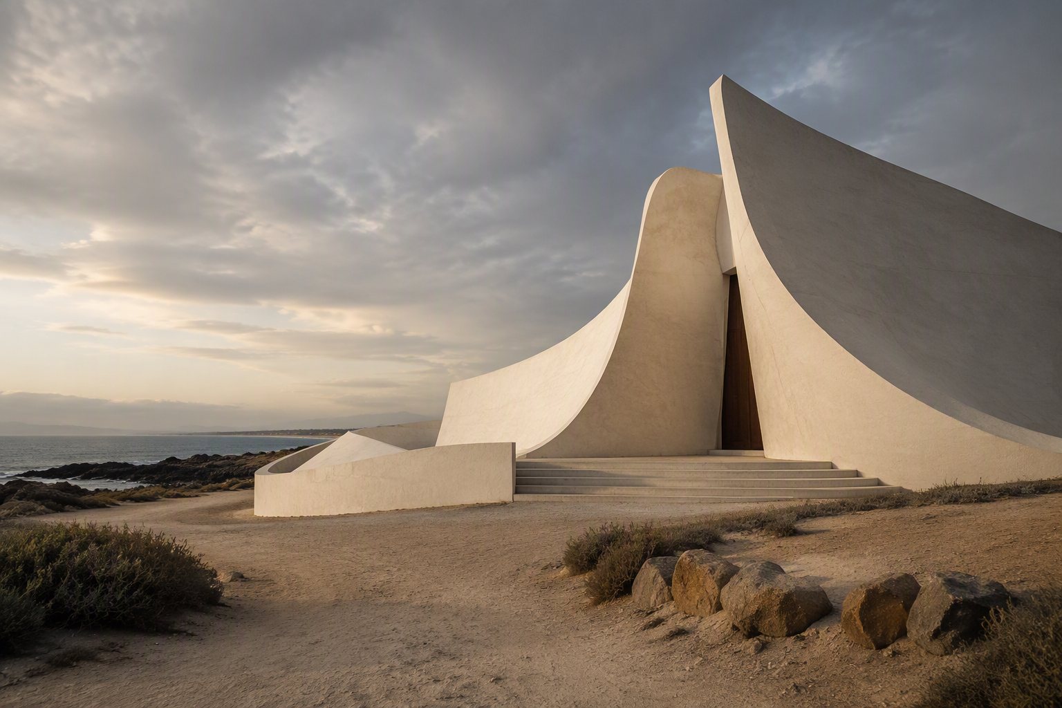 Museo del Viento — cáscaras de hormigón blanco junto al mar