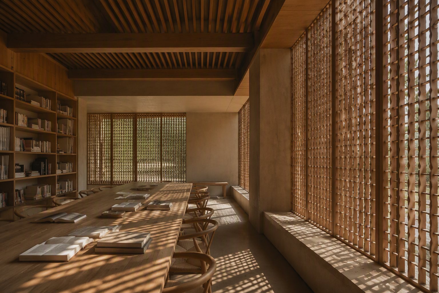 Pabellón Umbral — interior de madera con celosías