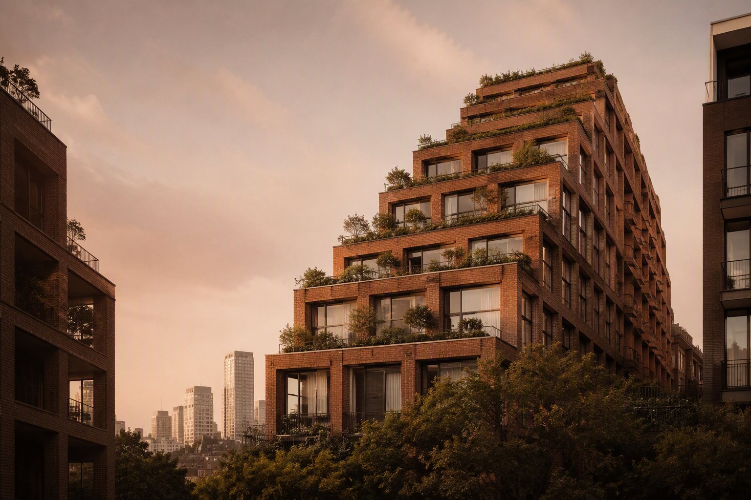 Torre Retranca — edificio de ladrillo con terrazas ajardinadas